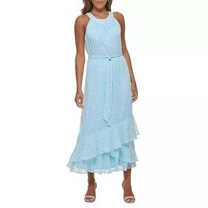 Calvin Klein Blue Polka Dot Chiffon Halter Ruffle Dress Women’s Size 14
